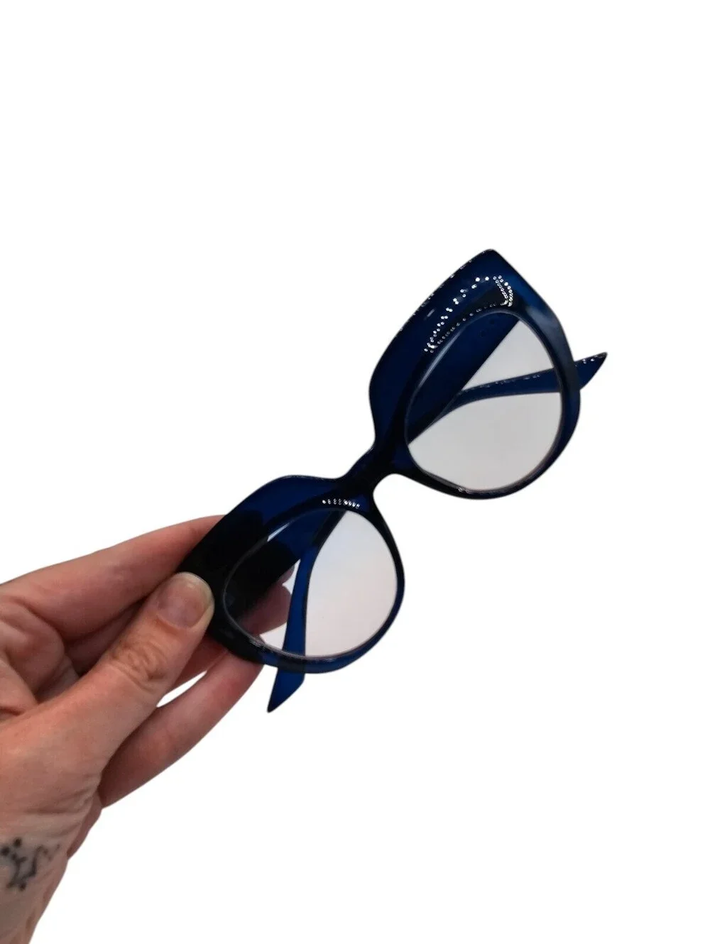 Vintage Mod Style Cat Eye Sunglasses Thick Plastic Rim Clear Blue